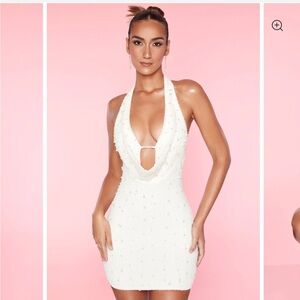 Oh Polly White Backless Halter Dress- Versailles- Deep Plunge mini dress